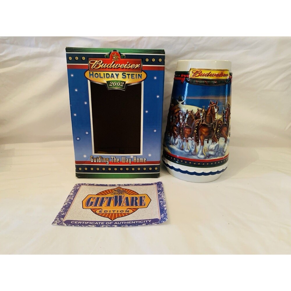 2002 Budweiser Holiday Stein Clydesdales Guiding The Way Home NOS w/Box COA